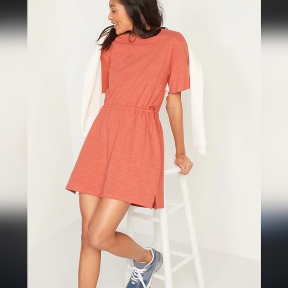 Old Navy Waist-Defined Short-Sleeve Slub-Knit Mini T-Shirt Dress Sugar Poppy - Picture 1 of 13